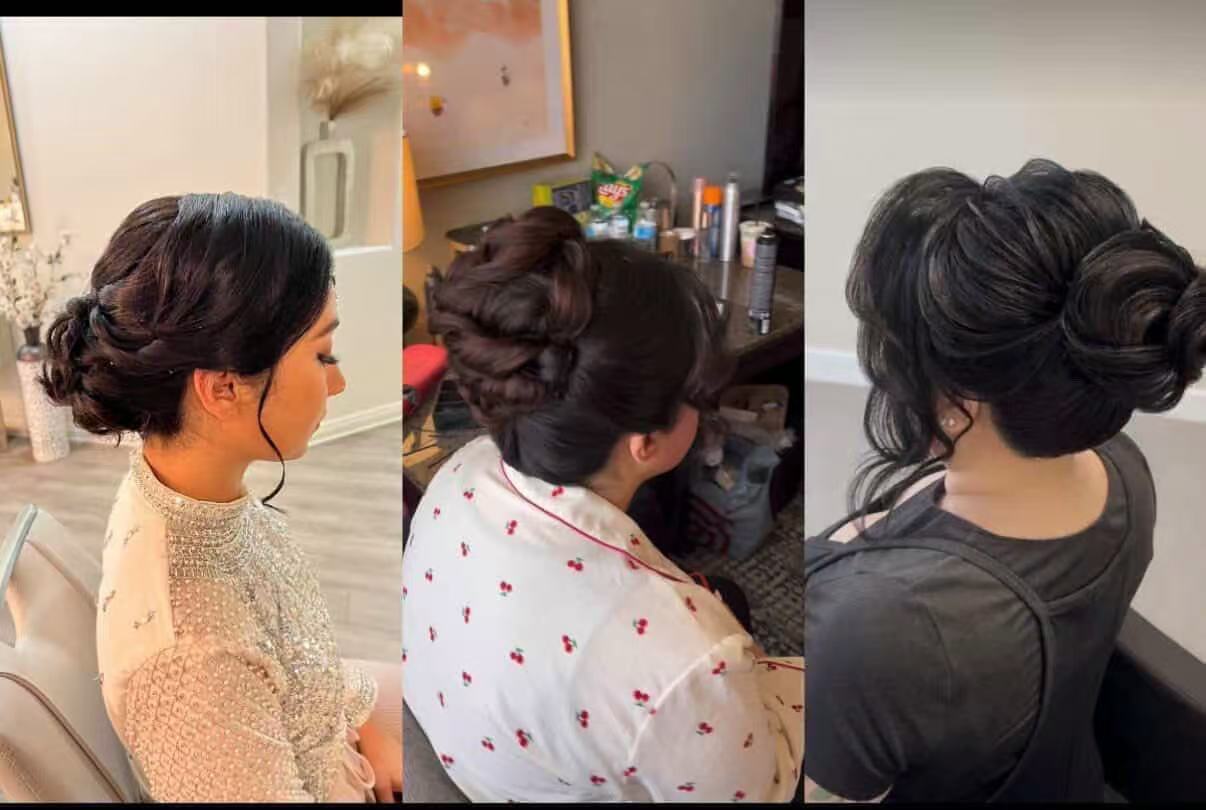 Elegant updos comparison: Senior Artist on the left, Master Artist in the middle, and Lead Artist Rose on the right