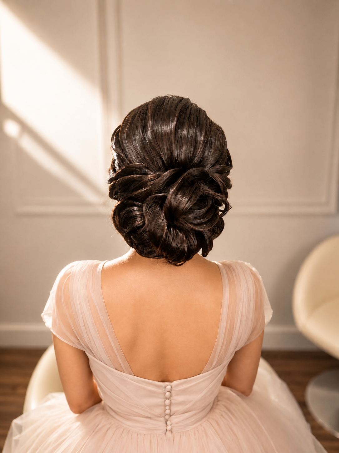 Bridal chignon hairstyle by Art Creation In CA
