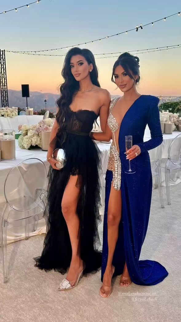 Evening wedding guests with polished hair and makeup